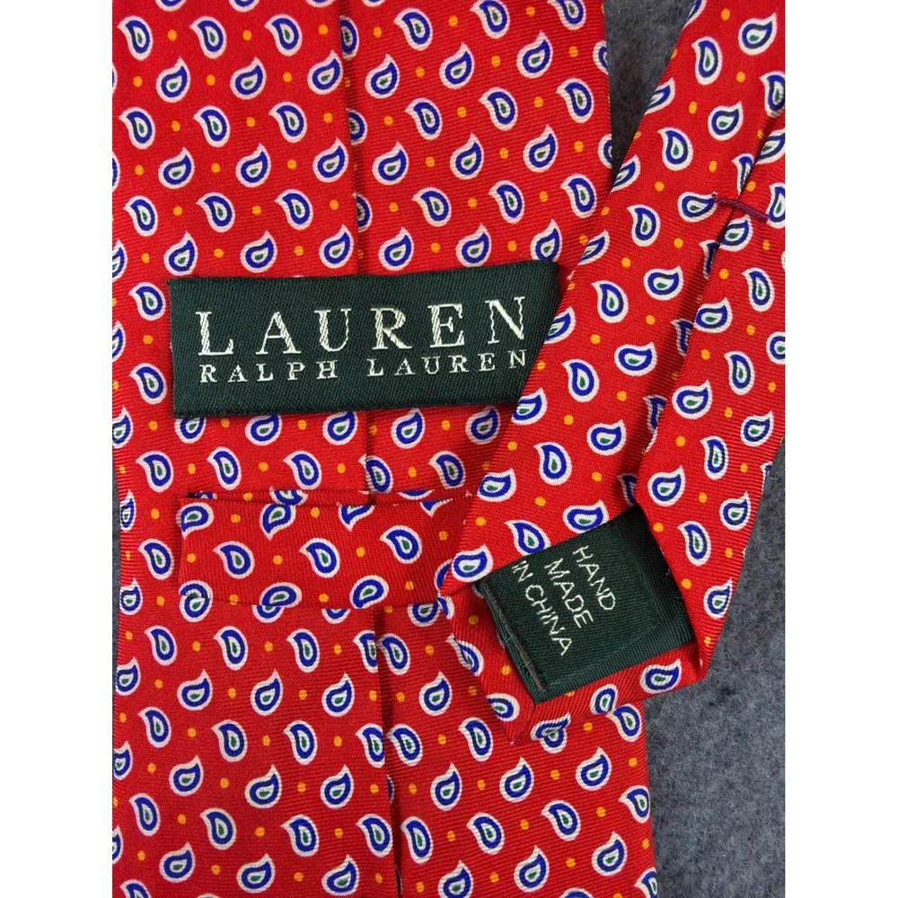 LRL Ralph Lauren Tie Mens Red Micro Paisley 100% Silk Necktie Hand‎ Made